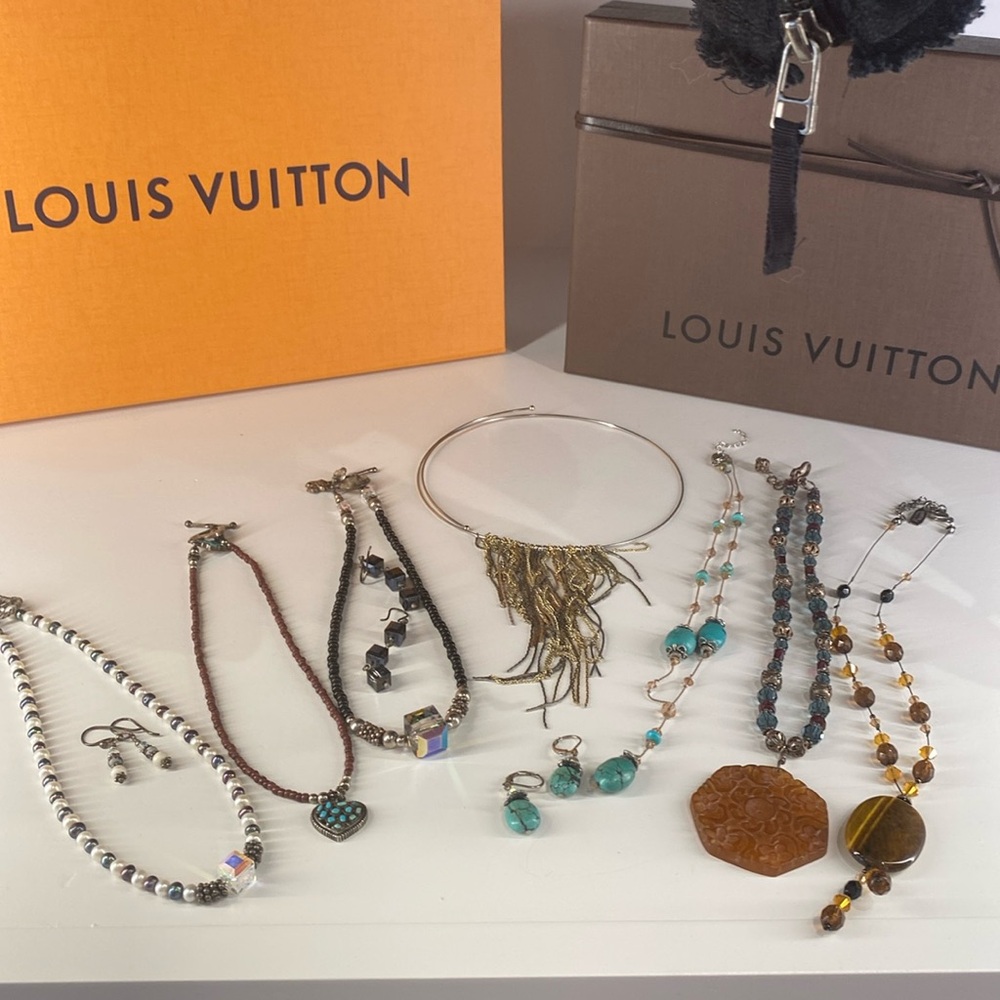 Grab bag of Jewelry:   Swarovski beads, silver beads, BCBG choker.